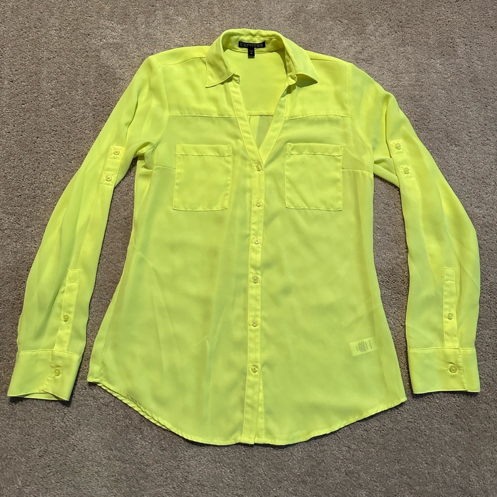 Express Portifino Button Down Blouse - Neon Yellow